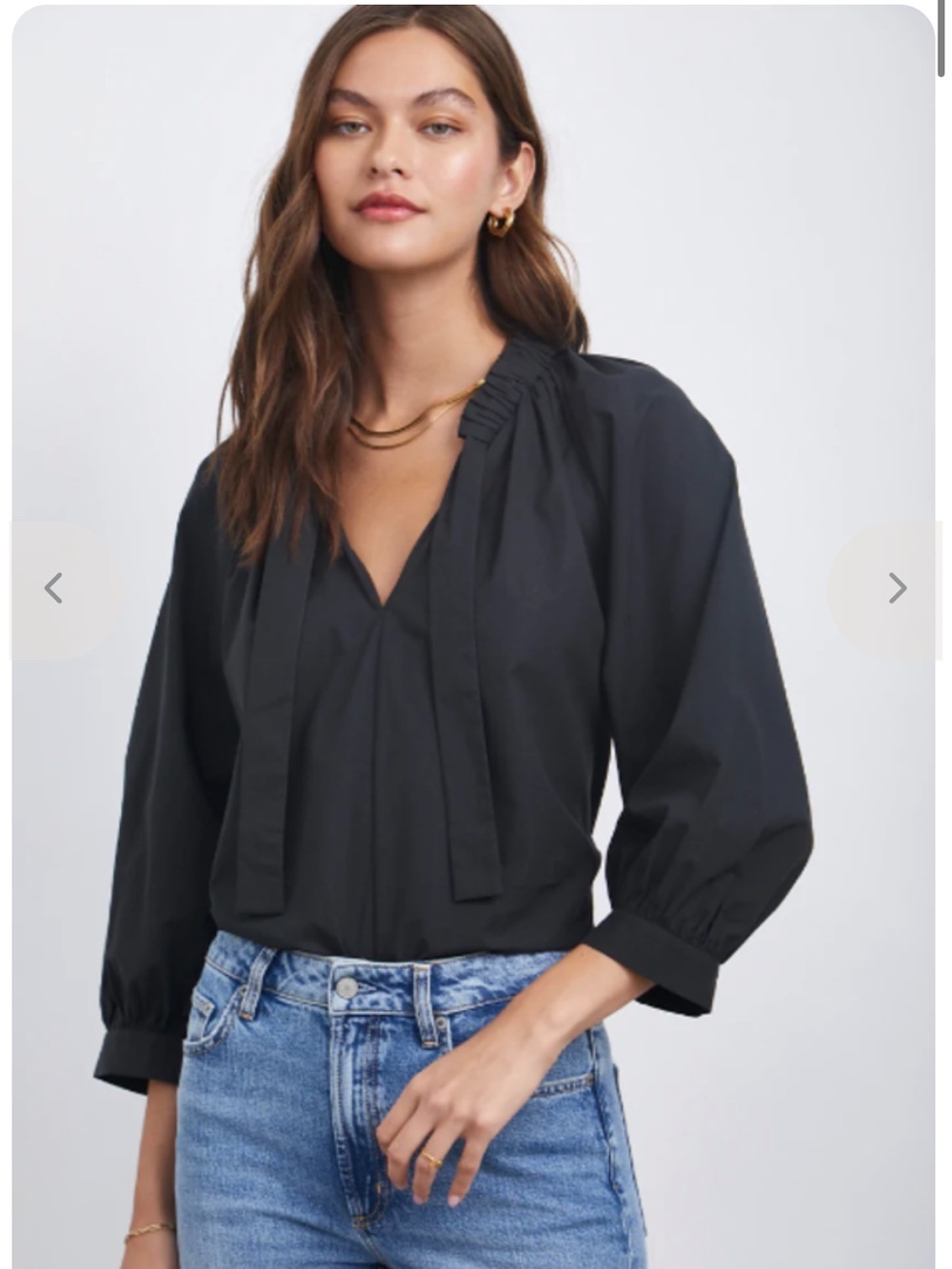 Rails Amal Black Shirt Crisp cotton poplin ruffled neck vneck long sleeve Sz L